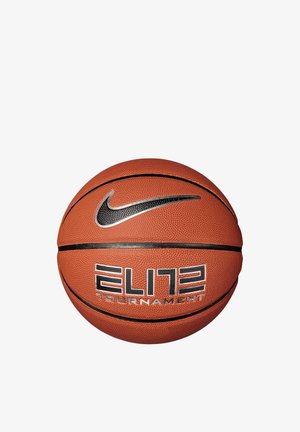 Pallone da basket Nike Elite Tournament, superficie arancione e testurizzata, logo e dettagli neri, forma sferica standard, linee nere ben definite attorno alla palla.