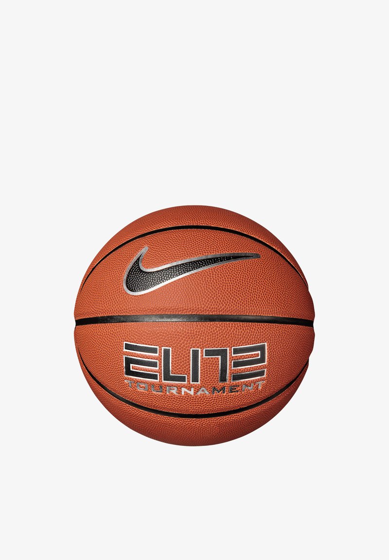 Μπάλα μπάσκετ Nike Elite Tournament, πορτοκαλί υφή επιφάνειας, μαύρο λογότυπο και διακοσμήσεις, κανονικό σφαιρικό σχήμα, χαρακτηριστικές μαύρες γραμμές γύρω από την μπάλα.