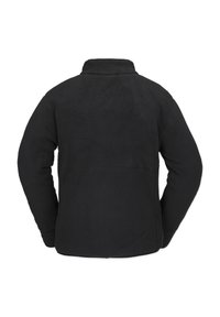 Chaqueta de polar negra con cuello alto, mangas largas y una superficie texturizada; presenta una parte posterior lisa sin cierres o adornos visibles.