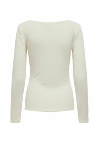 Langärmliges, tailliertes Oberteil in Off-White mit gerippter Textur und gewelltem Ausschnitt. Glattes Material mit minimalen Nähten und klassischer Silhouette.
