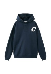 Navy blue hooded sweatshirt made of soft fabric, featuring a kangaroo pocket, ribbed cuffs, and a white letter "C" logo on the chest.