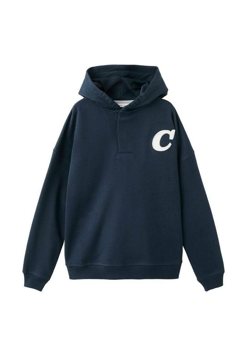 Navy blue hooded sweatshirt made of soft fabric, featuring a kangaroo pocket, ribbed cuffs, and a white letter "C" logo on the chest.