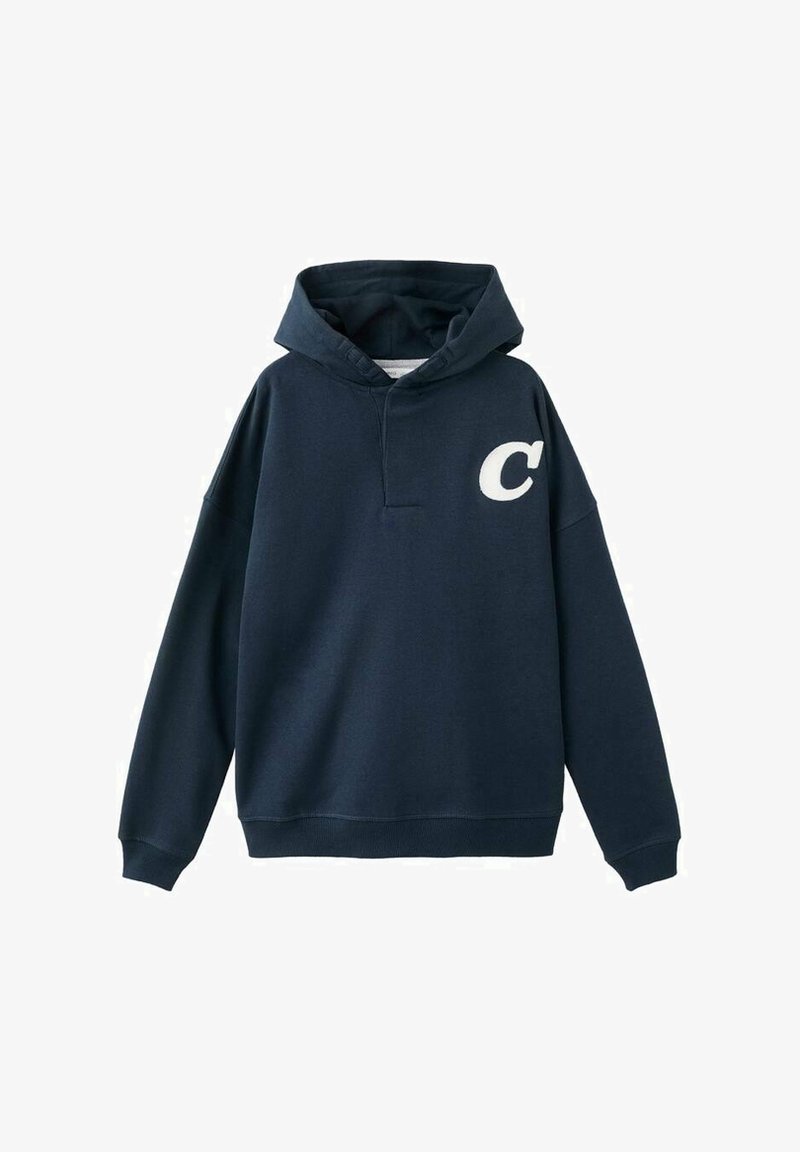 Navy blue hooded sweatshirt made of soft fabric, featuring a kangaroo pocket, ribbed cuffs, and a white letter "C" logo on the chest.