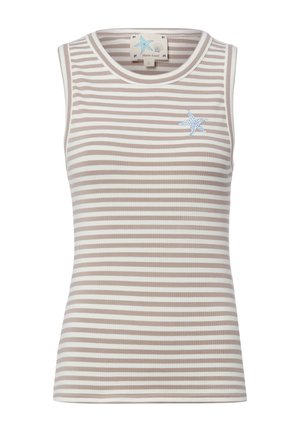 Débardeur côtelé sans manches avec des rayures horizontales beige et blanches et une petite étoile de mer bleue brodée sur le côté gauche de la poitrine.