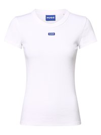 Weißes, tailliertes T-Shirt aus Rippstoff mit rundem Halsausschnitt und kleinem blauen "HUGO"-Logo auf der Brust. Mit kurzen Ärmeln.