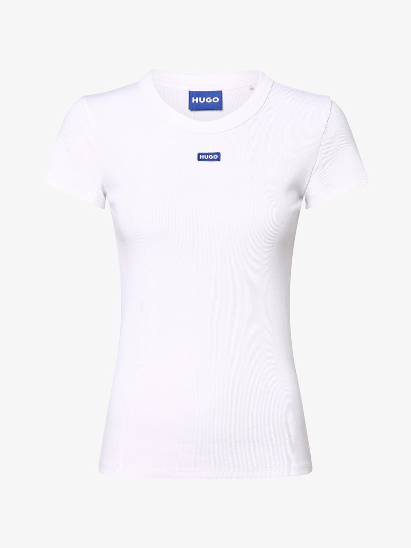 White fitted t-shirt made of ribbed fabric, featuring a round neckline and a small blue "HUGO" logo on the chest. Short sleeves.