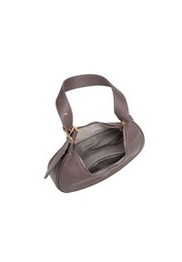 Brown leather handbag with a smooth texture, rounded shape, single wide strap, gold hardware, and zippered main compartment.