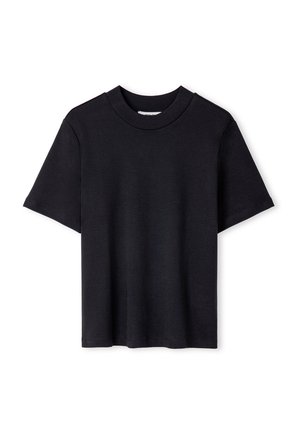 Schwarzes T-Shirt mit kurzen Ärmeln aus weichem Material. Verfügt über einen runden Ausschnitt und ein lockeres Design, mit genähten Säumen und ohne zusätzliche Akzente.