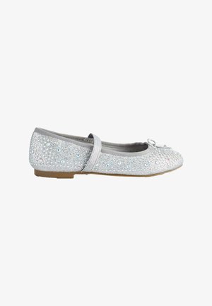 Srebrne baletke z gladko, sijočo zgornjijo, okrašeno z iridescentnimi rhinestones, z naramnicami čez nart in ravnim podplatom.