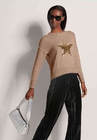Hellbrauner Strickpullover mit einem goldenen Pailletten-Sternmotiv, kombiniert mit schwarzen plissierten Hosen und einer silbernen Handtasche.