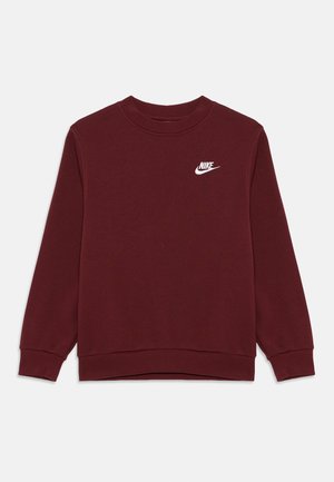 Burgunderrød sweatshirt med lange ærmer, ribbet halsudskæring og manchetter. Har et hvidt Nike-logo på venstre bryst, lavet af blødt stof.