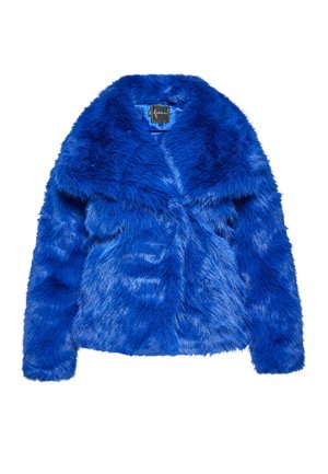 Kék műszőrme dzseki, puha, hosszú szőrű textúrával, galléros nyakkal és rövidített fazonnal. Bélelt belső rész a kényelem érdekében.
