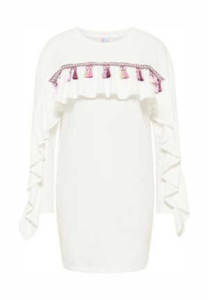 Weißes Langarmoberteil mit einem Rüschendesign und pinken Quasten über der Brust. Verfügt über Rüschensäume und einen runden Ausschnitt.