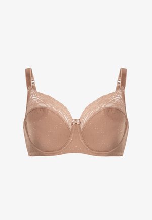 Hautfarbener gepolsterter Bh mit Spitzenbesatz an den oberen Cups, kleinem Punktenmuster, verstellbaren Trägern und einer kleinen Schleife mit Schmuck vorne in der Mitte.