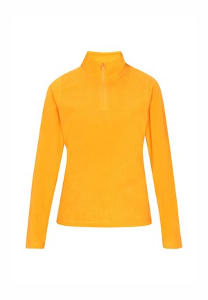 Hosszú ujjú pulóver élénk narancssárga fleece anyagból készült. Félnyakú cipzárral rendelkezik és sima textúrájú, a melegség és kényelem érdekében tervezték.