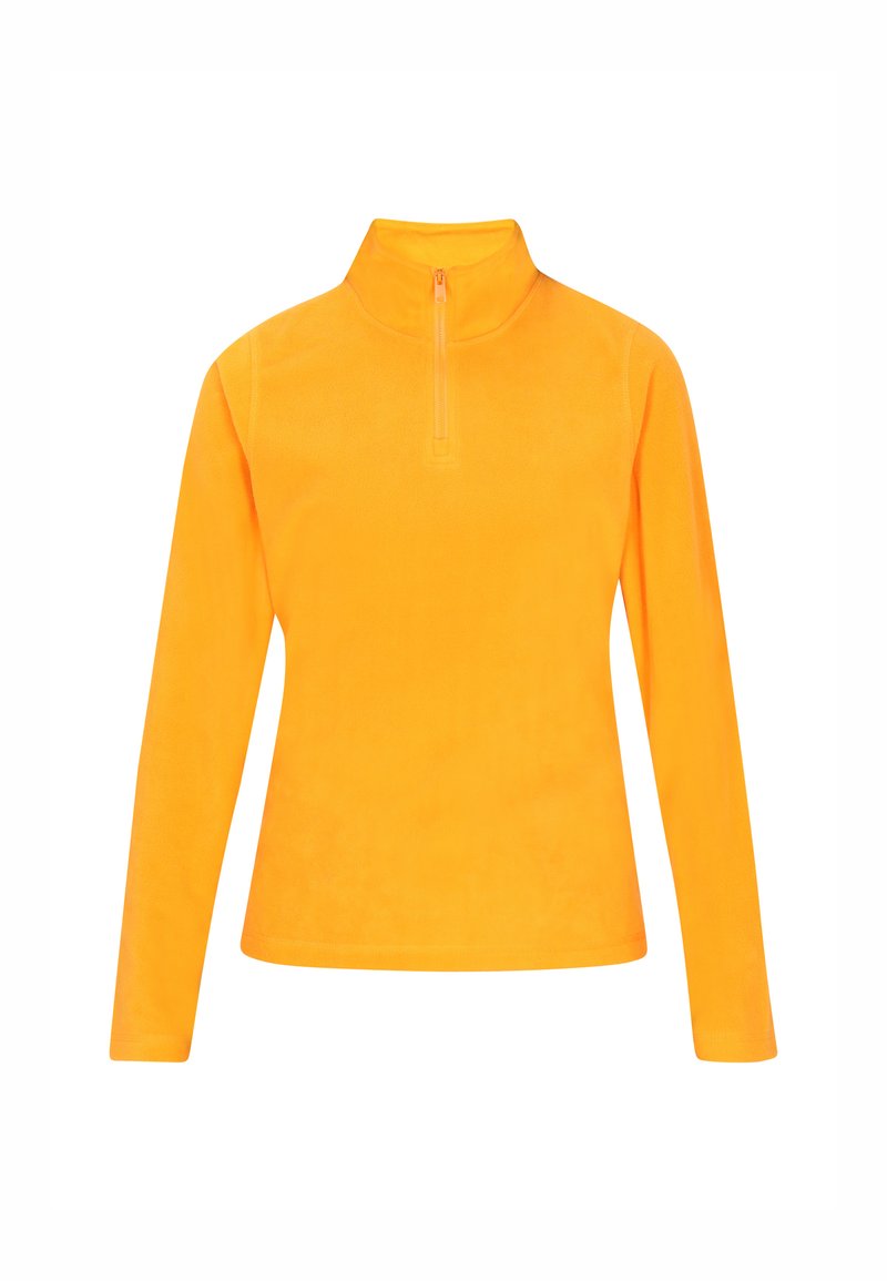 Pullover a maniche lunghe realizzato in pile arancione brillante. Presenta un colletto con mezza zip e una texture liscia, progettato per calore e comfort.