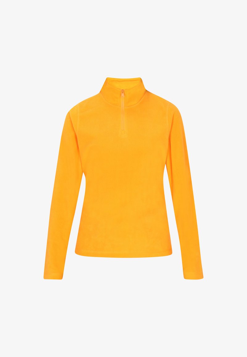 Langærmet pullover lavet af lys orange fleece. Har en halv-zip krave og en glat tekstur, designet til varme og komfort.