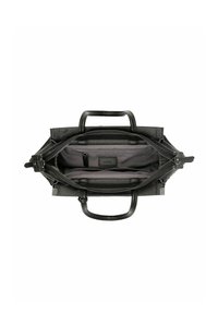 Sac à main en cuir noir texturé avec double poignées, avec le dessus dézippé montrant un intérieur en tissu gris et plusieurs compartiments intérieurs.