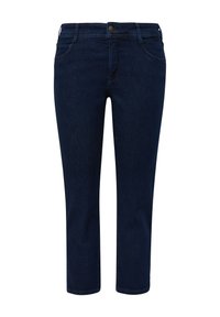 Temno modri jeans s ravnim krojem, petimi žepi, zapiranjem na gumb in subtilno teksturo. Dolžina je skrajšana do sredine meč.