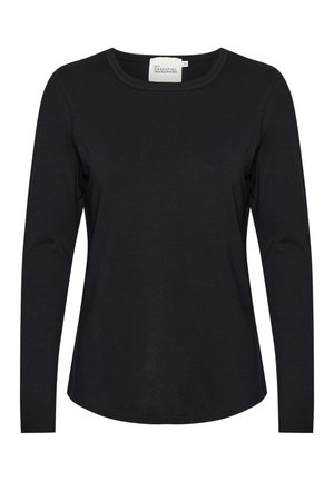 Czarna koszula z długim rękawem, wykonana z gładkiego materiału, z okrągłym dekoltem i delikatnym wyprofilowaniem u dołu, z minimalnym wykończeniem szwów.