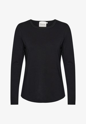 Schwarzes eng anliegendes Langarmshirt mit rundem Ausschnitt und sichtbarem Etikett mit der Aufschrift „My Essential Wardrobe“ auf weißem Hintergrund.