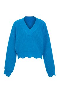 Gekürzter, lebhaft blauer Pullover mit V-Ausschnitt, gerippter Struktur und ausgefransten Kanten. Verfügt über weite Ärmel und ein lässiges Design.
