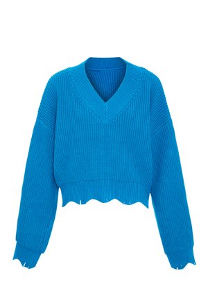 Gekürzter, lebhaft blauer Pullover mit V-Ausschnitt, gerippter Struktur und ausgefransten Kanten. Verfügt über weite Ärmel und ein lässiges Design.