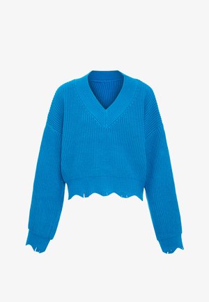 Gekürzter, lebhaft blauer Pullover mit V-Ausschnitt, gerippter Struktur und ausgefransten Kanten. Verfügt über weite Ärmel und ein lässiges Design.