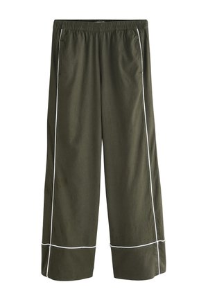Olive green wide-leg pants with elastic waistband and white piping detail along sides and near hems, shown flat on white background.