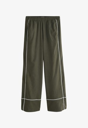 Olive green wide-leg pants with elastic waistband and white piping detail along sides and near hems, shown flat on white background.