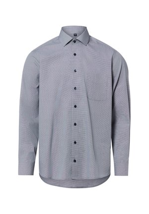 Herren-Langarmhemd in hellgrau mit Knopfleiste, einer Brusttasche und klassischem Kragen, dargestellt vor weißem Hintergrund.