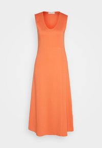 Robe orange sans manches en ligne A avec encolure dégagée, longueur moyenne, tissu lisse et taille ajustée.