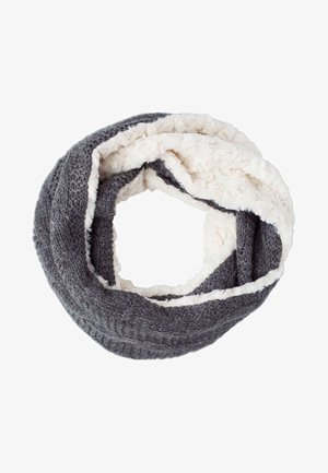 Écharpe infinie en tricot gris foncé avec doublure douce en fausse fourrure blanche, présentée à plat et en cercle sur un fond blanc.