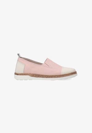 Slip-On-Schuhe mit einem oberen Anteil aus zartem rosa Leder, weißer Gummisohle und geflochtenem Jute-ähnlichem Detail um die Basis. Einfaches Design mit subtilen Akzenten.