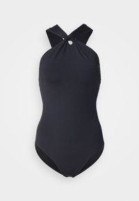 Maillot de bain une pièce noir avec un design croisé à l'arrière noué ; tissu lisse, coupe ajustée, ouvertures de jambe à taille moyenne et accents minimaux.