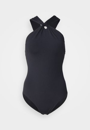 Black one-piece swimsuit with a knotted cross-back design; smooth fabric, fitted shape, medium cut leg openings, and minimal accents.