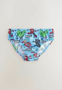 Blå bomullssim briefs med Marvel-superhjältar, med elastisk midja och livfulla tryck av karaktärer och logotyper.