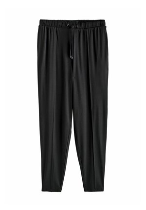 Schwarze, leichte, dehnbare Hosen mit einem Kordelzugbund. Schmal zulaufende Beine und glatte Stofftextur, die für Komfort und Bewegungsfreiheit sorgt.
