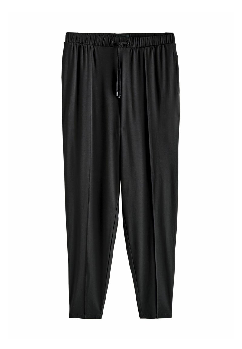 Schwarze, leichte, dehnbare Hosen mit einem Kordelzugbund. Schmal zulaufende Beine und glatte Stofftextur, die für Komfort und Bewegungsfreiheit sorgt.