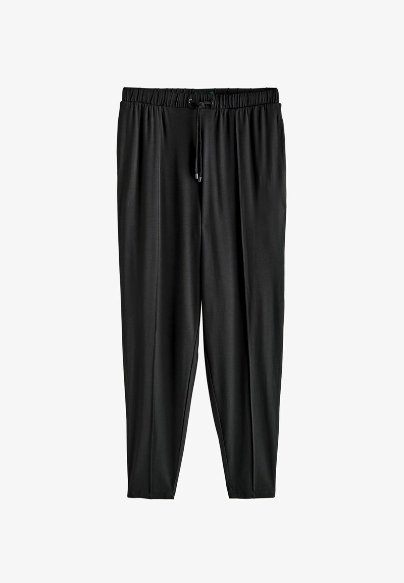 Schwarze, leichte, dehnbare Hosen mit einem Kordelzugbund. Schmal zulaufende Beine und glatte Stofftextur, die für Komfort und Bewegungsfreiheit sorgt.