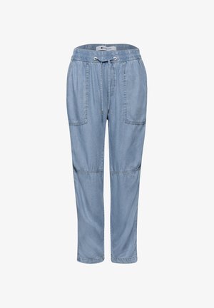 Jasnoniebieskie spodnie dresowe z denimu z elastycznym pasem, sznurkiem, przednimi naszywanymi kieszeniami i przeszyciami na kolanach.