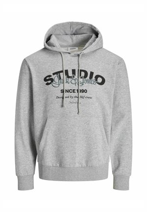 Gray hoodie with a kangaroo pocket, drawstring hood, and printed text in black and teal. Features ribbed cuffs and hem. Soft fabric texture.