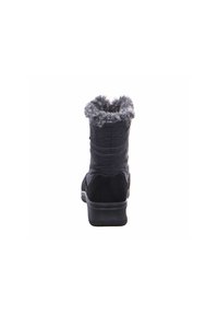 Botte d'hiver noire avec col en fausse fourrure, dessus en synthétique lisse, coutures renforcées et semelle en caoutchouc texturée. Design à hauteur de cheville.