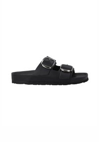 Black sandals with two adjustable buckles, a flat rubber sole, and a smooth upper material. Lightweight design for comfort.