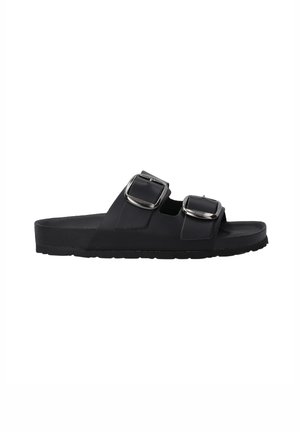 Black sandals with two adjustable buckles, a flat rubber sole, and a smooth upper material. Lightweight design for comfort.