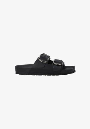 Schwarze Sandalen mit zwei verstellbaren Schnallen, einer flachen Gummisohle und einem glatten Obermaterial. Leichtes Design für Komfort.