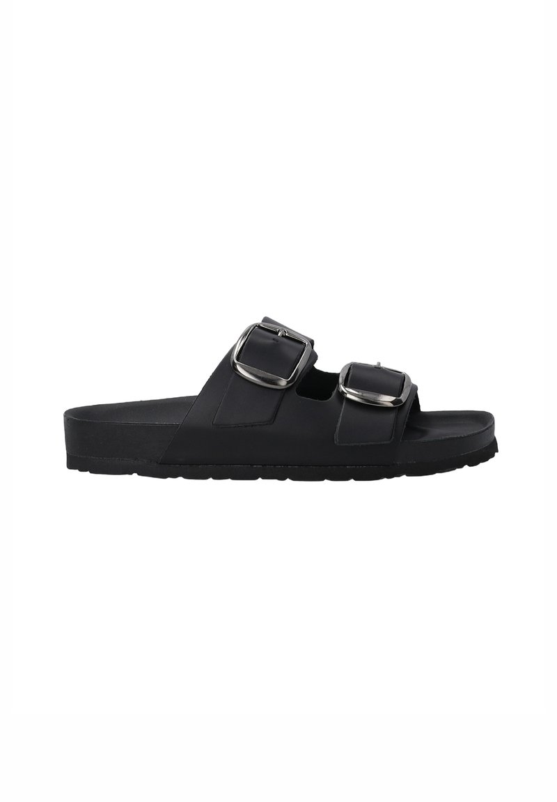 Black sandals with two adjustable buckles, a flat rubber sole, and a smooth upper material. Lightweight design for comfort.