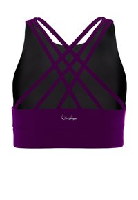 Black and purple sports bra with crisscross purple straps on back and "Winshape" logo on the purple band at the bottom.