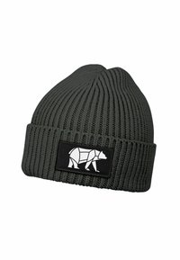 Dark gray ribbed knit beanie with folded cuff featuring a black patch with a geometric white bear design.