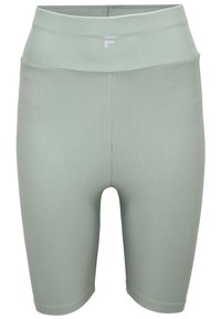 Pantaloni da ciclismo a coste verde menta con vita alta e dettagli del logo discreti sulla parte anteriore. Tessuto elastico e dalla superficie liscia.